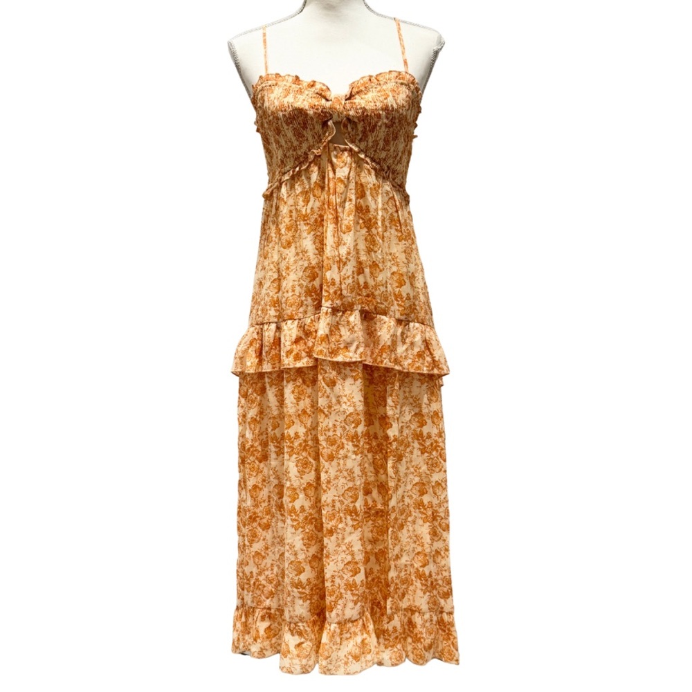 NWOT Floral Orange Midi Dress by Trixxi | Ruffle Skirt + Keyhole Top (M)